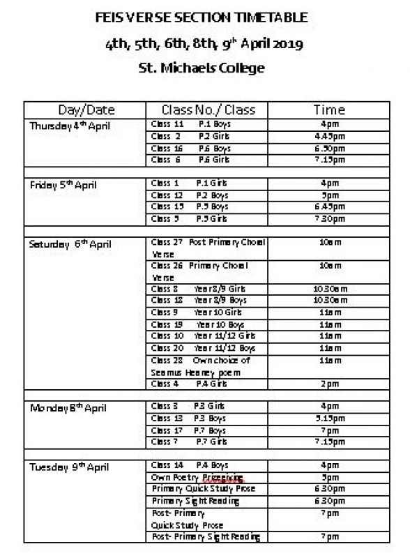 The Feis verse section timetable 2019